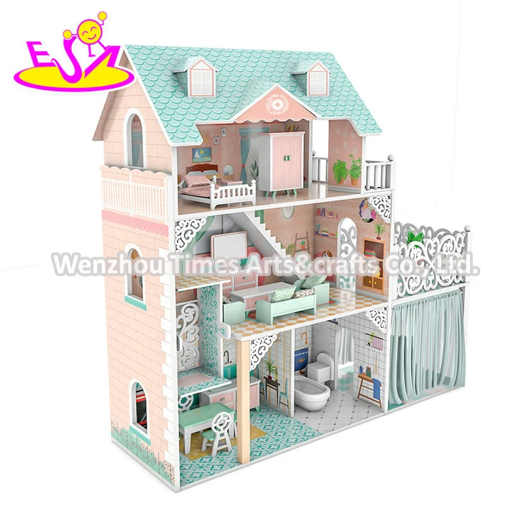 2022 New Design Princess Luxury Villa Girls Wooden Doll House with Garden W06A449