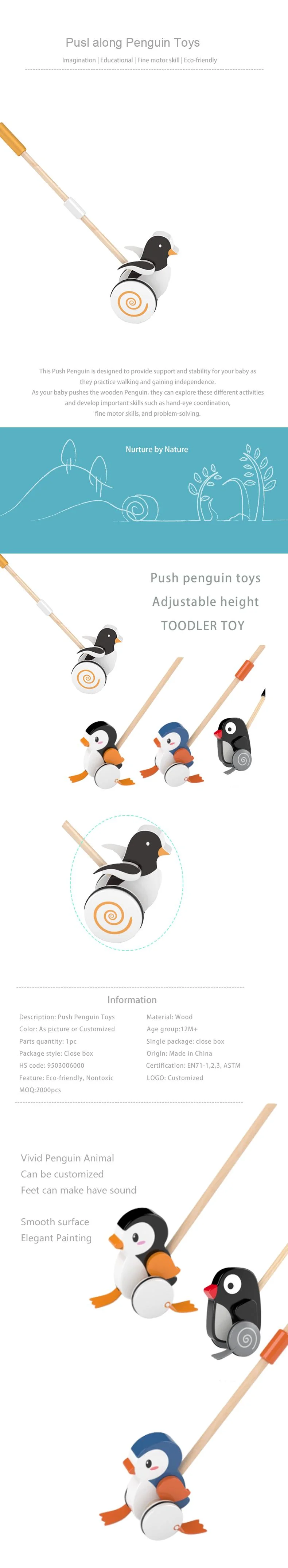 Kids Push Animal Toys Gifts Rolling Animal Christmas Walk Along Toddler Penguin Wooden Pull Toy for Boys & Girls