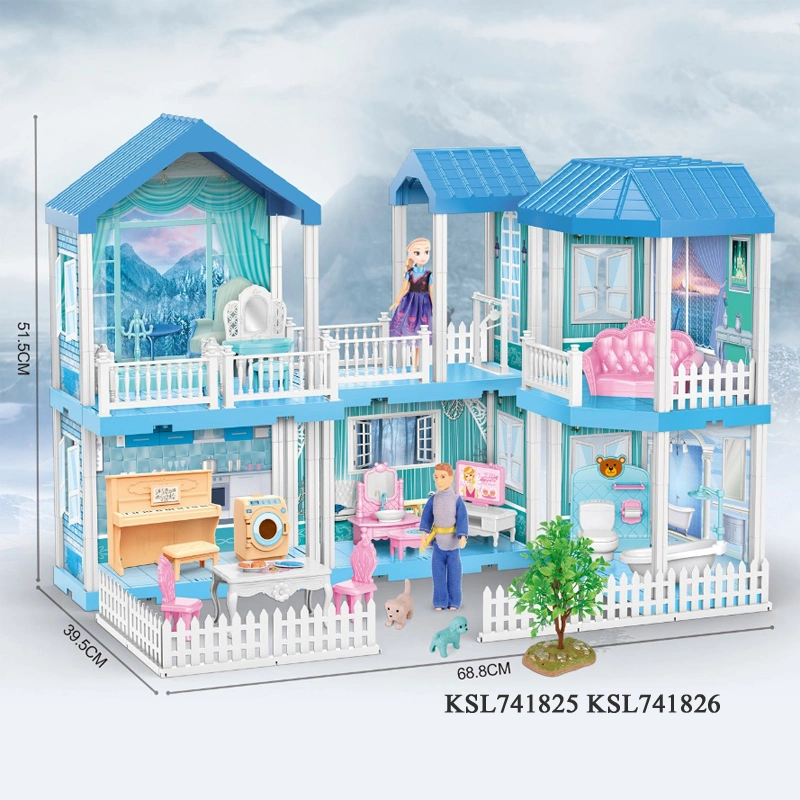 Frozen Blue Color Girl Lovely Villa Kids Plastic DIY Doll House Toys Princess Pretend Play Dollhouse Furniture Rich Accessories Girls Gift Doll House Toys